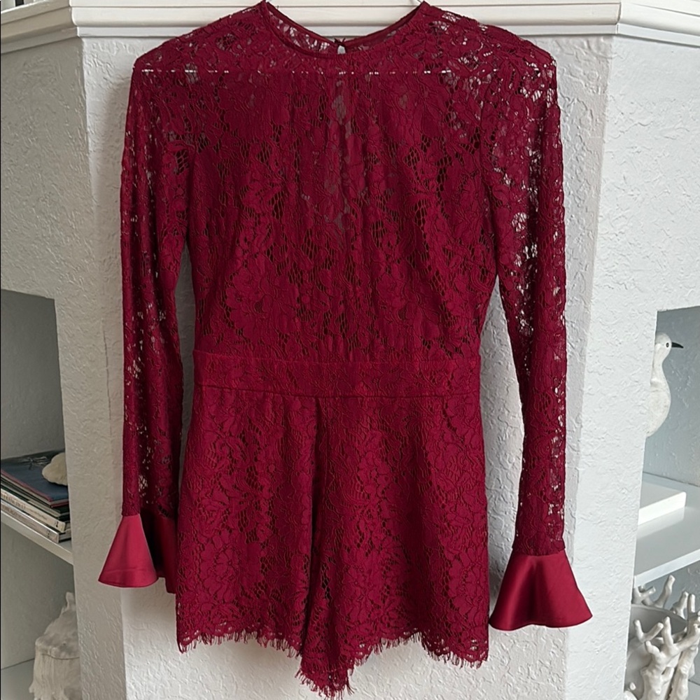 DO+BE Deep Red Lace Romper with Flared Sleeves
